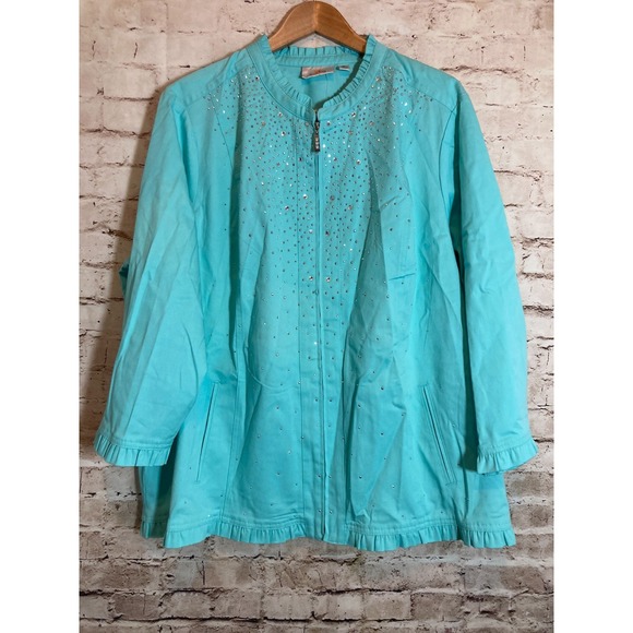 Quacker Factory Jacket 3X Turquoise Jewel Studded Full Front Zip Lightweight - Picture 1 of 14